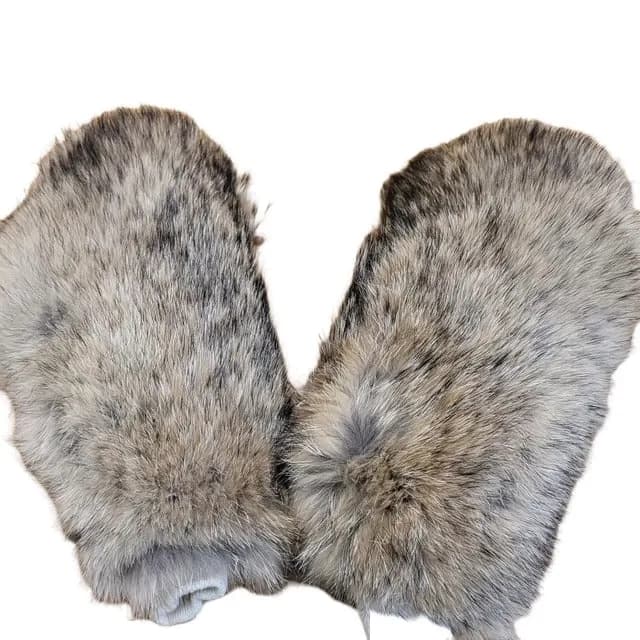 Pair of grey-brown coyote fur city mitts on a white background