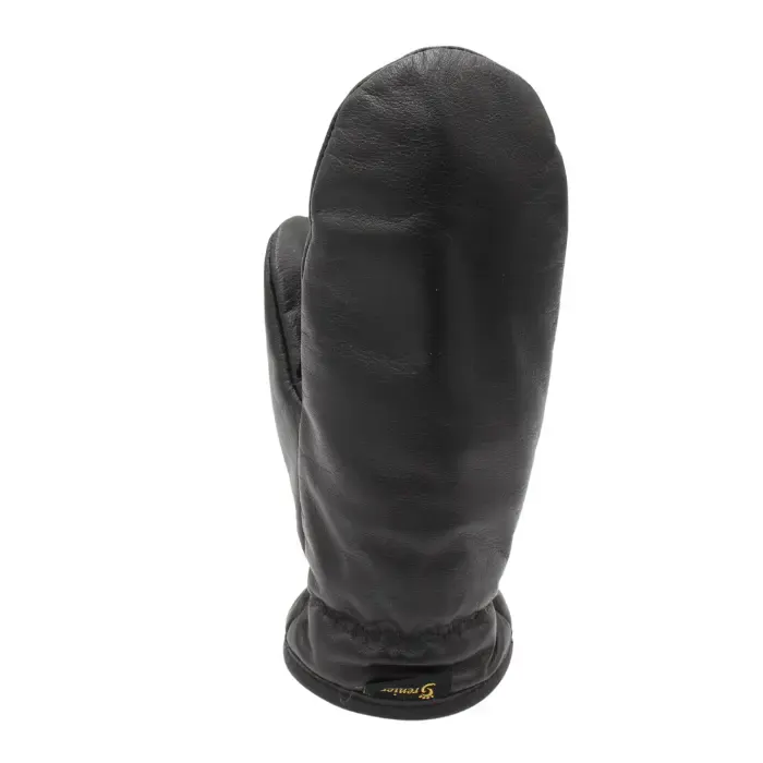 Single black leather glove-lined mitten on a white background