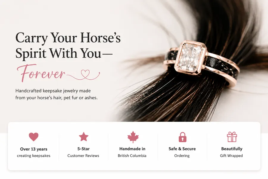 A ring made with dark horsehair and a rose-gold coloured setting against a white background