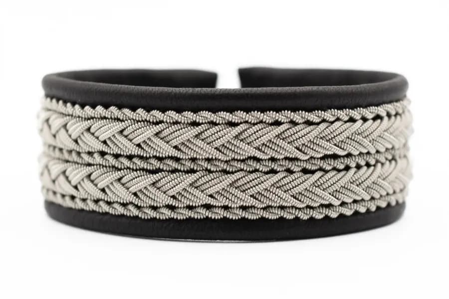 A wide black leather bracelet with woven silver-coloured detailing