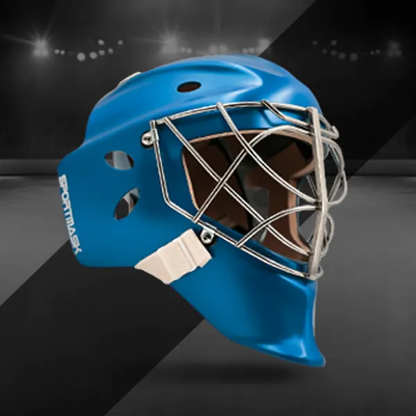 Blue Sportmask goalie mask with a silver metal cage
