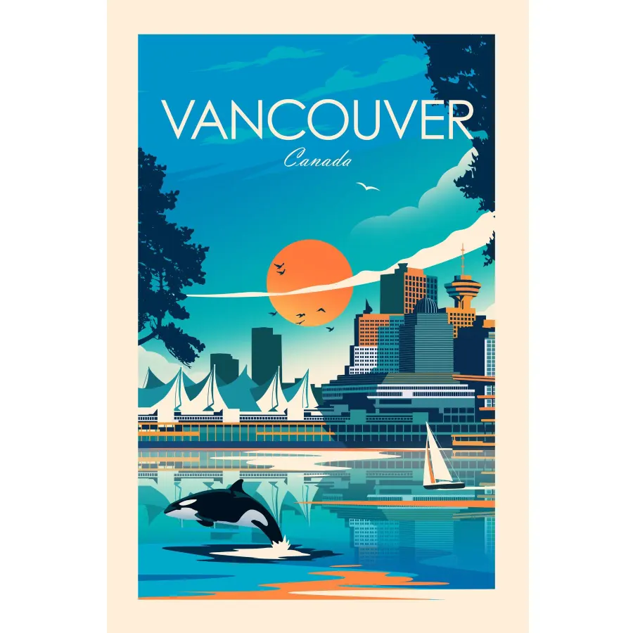 Vancouver Skyline puzzle artwork with mountains, waterfront buildings and an orca