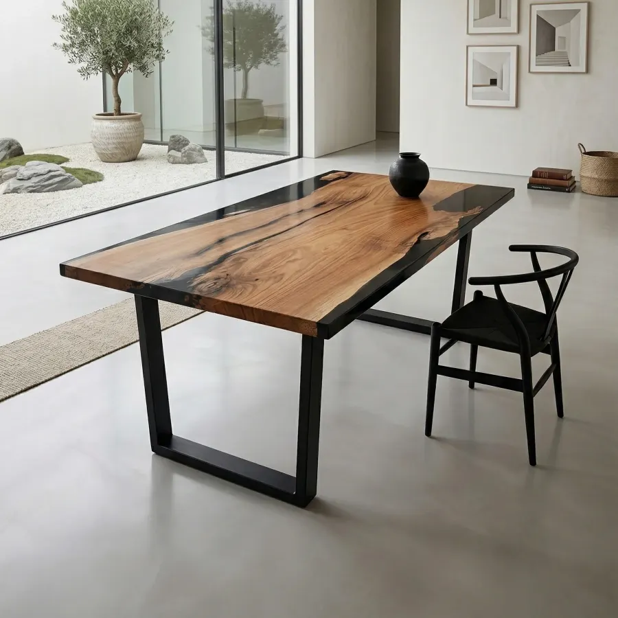 Butternut dining table with black epoxy edges and black steel base