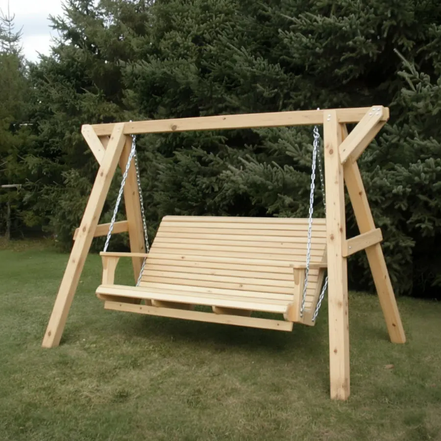 Three-seat wooden porch swing hanging from a freestanding wooden frame