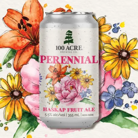 Can of 100 Acre Perennial haskap fruit ale