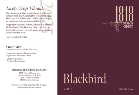 1818 Farm & Cidery Blackbird cider bottle