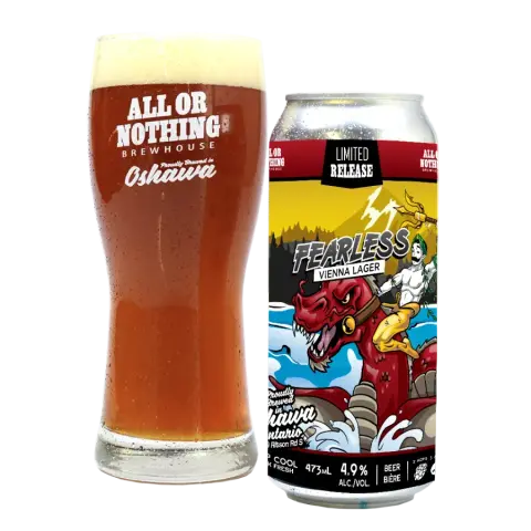 Fearless Vienna Lager can with a glass