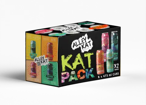 An Alley Kat variety pack box of canned beer