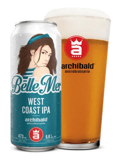 A can and glass of Archibald Belle Mer West Coast IPA