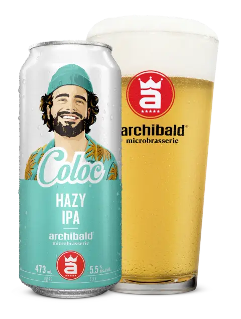 A can and glass of Archibald Coloc hazy IPA