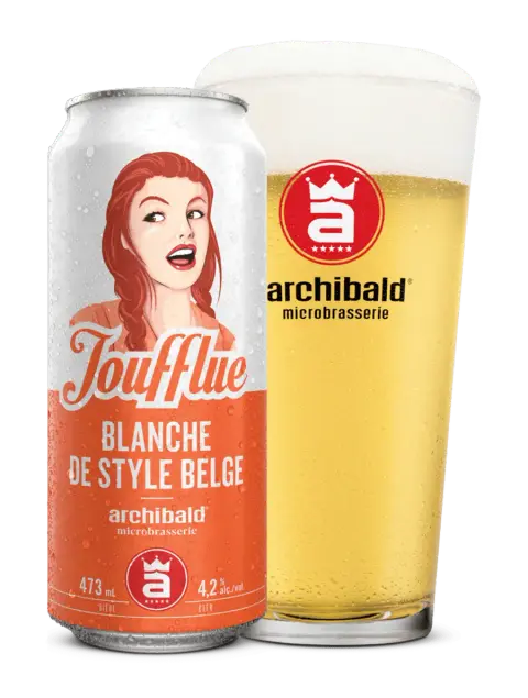 A can and glass of Archibald Joufflue Belgian witbier