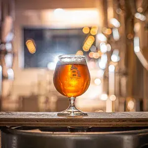 A glass of Backroads ale on the bar