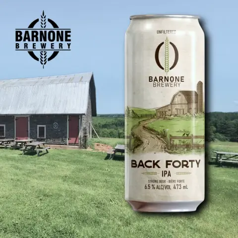 Barnone Back Forty IPA can in front of the Barnone barn in Rose Valley, PEI