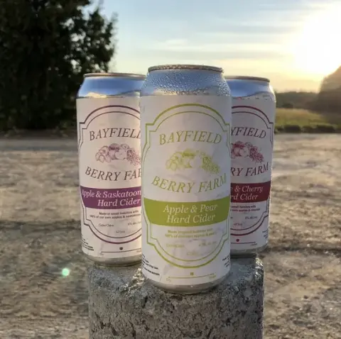 Cans of Bayfield Berry Farm Apple & Pear and Apple & Saskatoon Berry hard cider outside on the farm