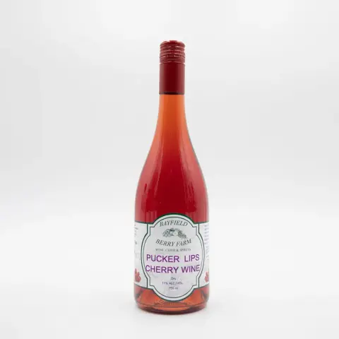 A bottle of Bayfield Berry Farm Pucker Lips Cherry Wine