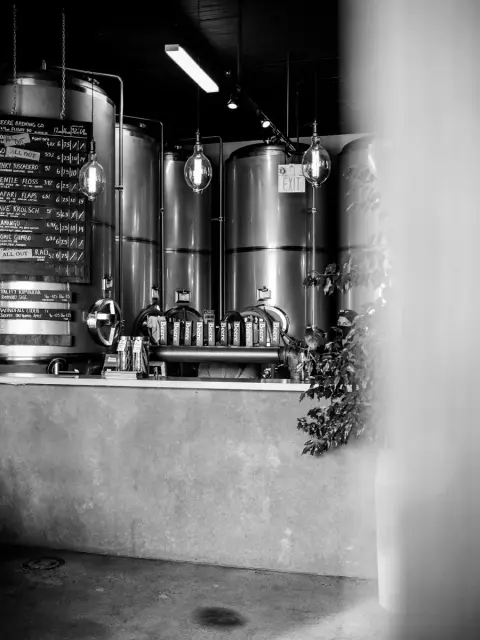 Beere tasting room with fermentation tanks behind the bar