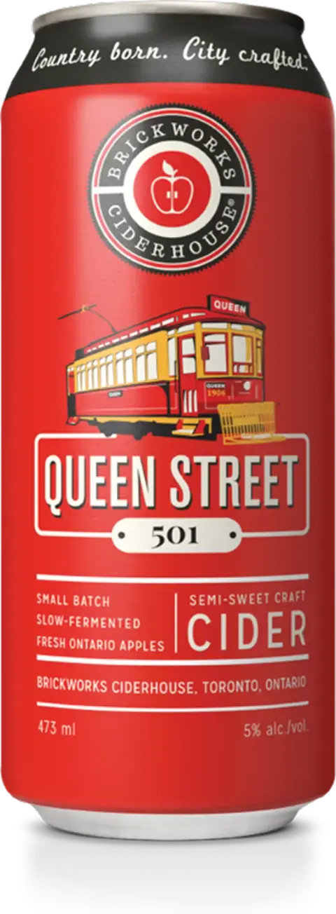 A can of Brickworks Queen Street 501 semi-sweet cider