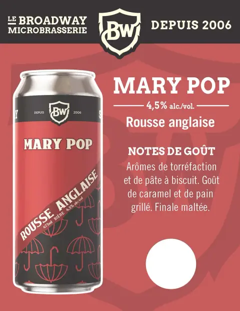 Bière Rousse anglaise, Mary Pop, 4.5% alc./vol.