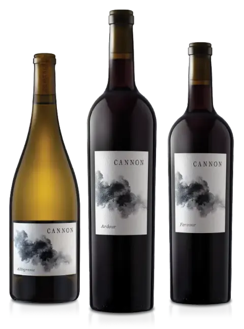 two red bottles and one white of Cannon Wines from Mt. Lehman winery