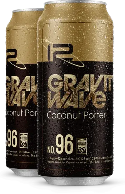 Two cans of Category 12 Gravity Wave coconut porter