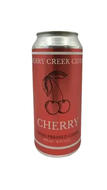 Can of Cherry Creek Cherry Cider with a cherry illustration and red label