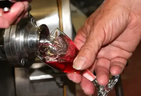 Drawing a sample of mead from a steel tank into a glass