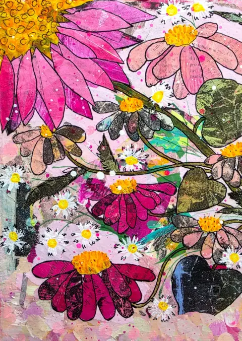 Colorful abstract floral painting with pink, yellow, white, and black flowers, leaves, and splashes of paint.