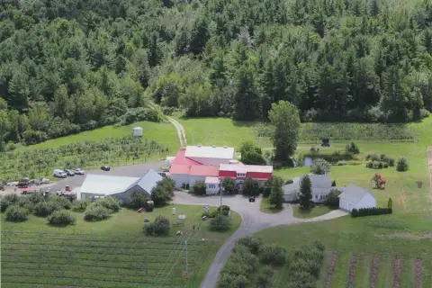 Aerial view of the Cidrerie du Minot buildings and orchard in Hemmingford