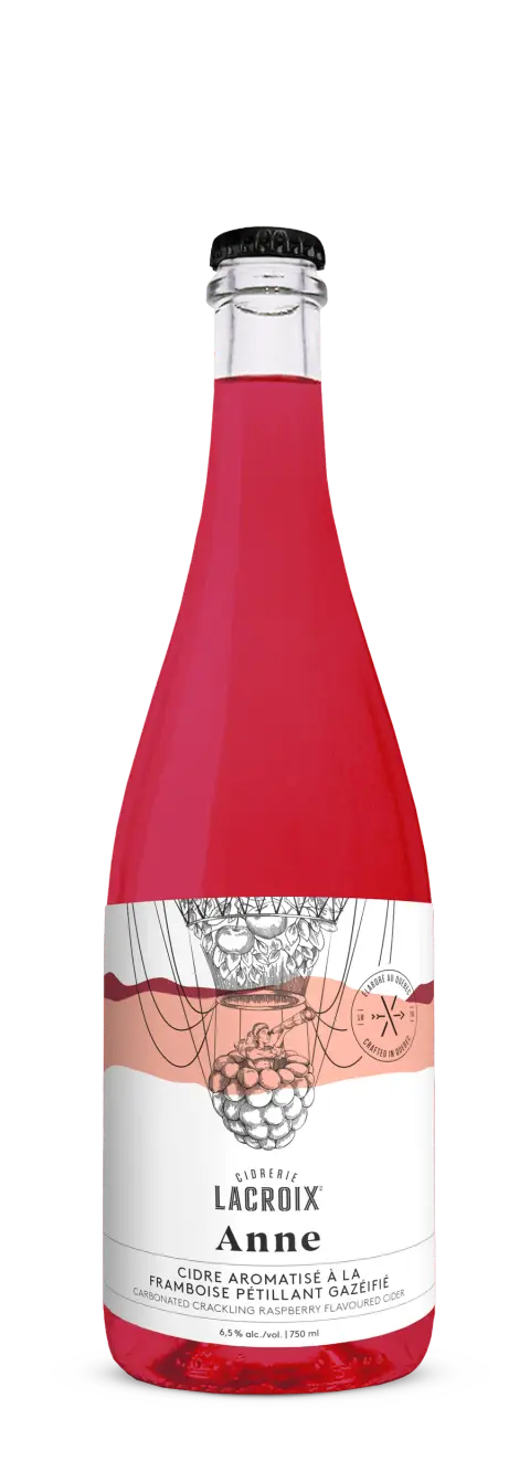 A bottle of Anne, Cidrerie Lacroix's apple and raspberry sparkling cider