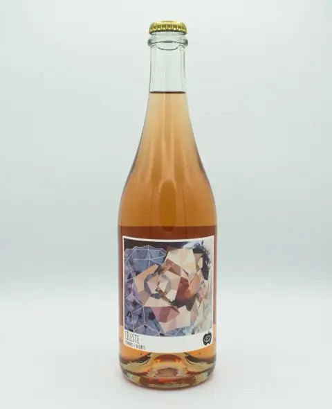 A 750 mL bottle of Le Somnambule Céleste, a sparkling cider with blueberries