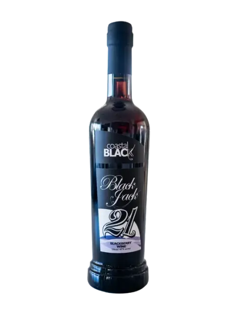 A bottle of Coastal Black Blackjack 21 port-style blackberry wine