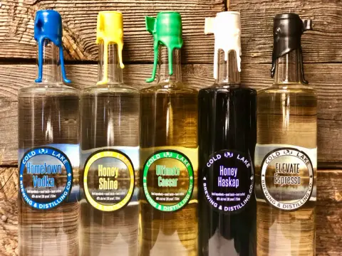 Five wax-sealed bottles of Cold Lake vodka