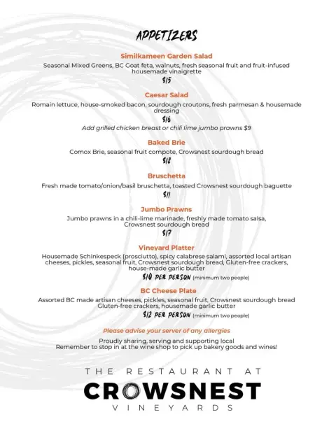 CROWSNEST Appetizer Menu