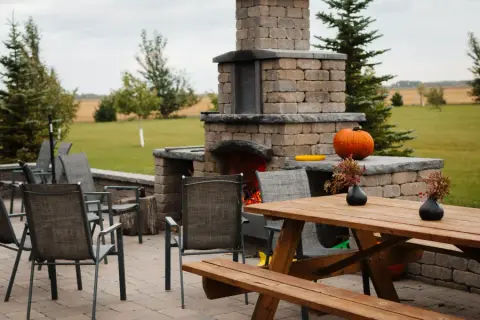 The taproom patio and outdoor fireplace