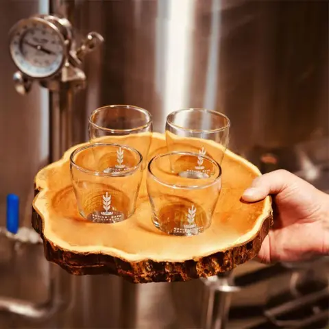 Custom-made beer flight tray at Devils' Bath Brewing
