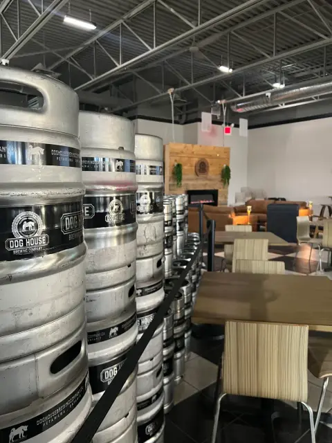 Beer kegs waiting to be filled at Dog House Brewing