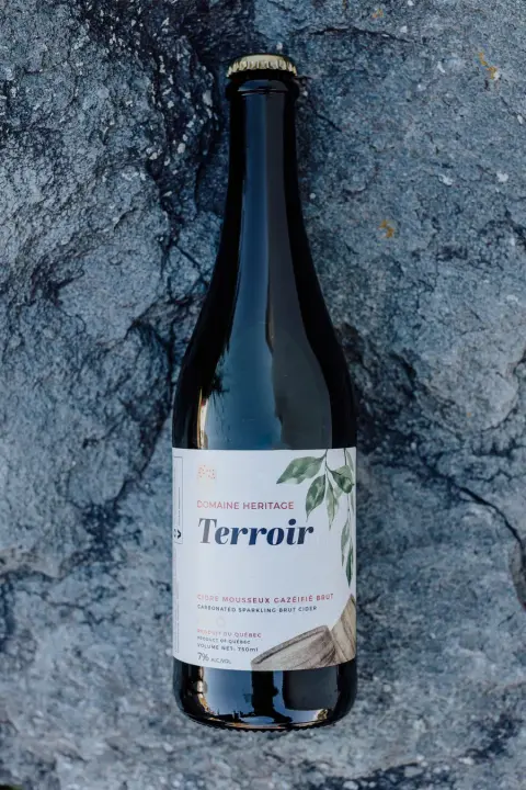 A bottle of Domaine Héritage Terroir cider on a rock