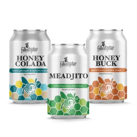 Cans of Fallentimber Honey Colada, Meadjito and Honey Buck sparkling mead