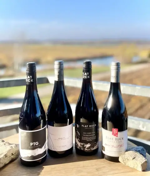 Four bottles of Flat Rock Cellars Pinot Noir on a ledge overlooking the vineyard