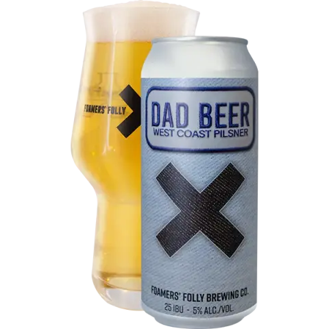 Foamers' Folly Dad Beer West Coast pilsner can and glass