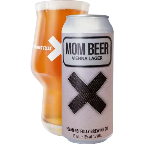 Foamers' Folly Mom Beer Vienna lager can and glass