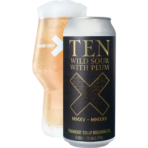 Foamers' Folly TEN wild sour with plum can and glass