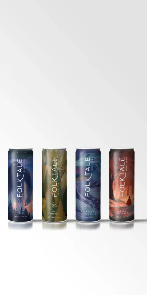 Packaged cans of Folktale cider with illustrated folktale labels