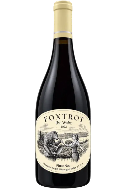 A bottle of Foxtrot wine on a dark background