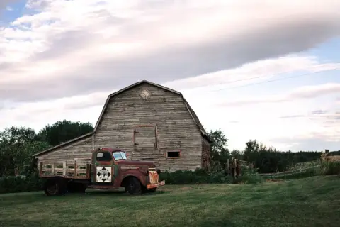 The barn and an old truck on the Fuhr family farm