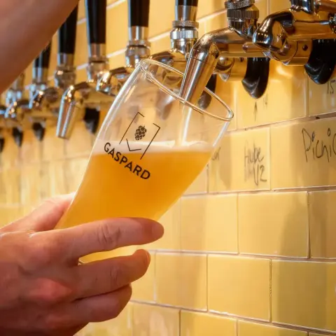 A Gaspard beer poured from the tap at the brewery