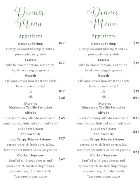 Dinner menu