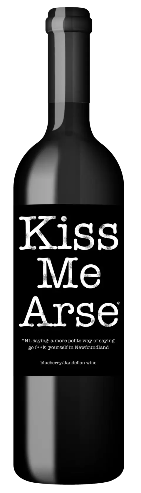 Bottle of Kiss Me Arse blueberry and dandelion wine