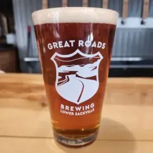 A pint of Great Roads Maisil West Coast IPA on the taproom bar