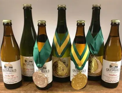 A row of Grey & Gold cider bottles, several wearing competition medals